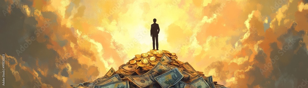 Aufkleber a creative depiction of wealth accumulation with a person standing on a mountain of gold coins and d