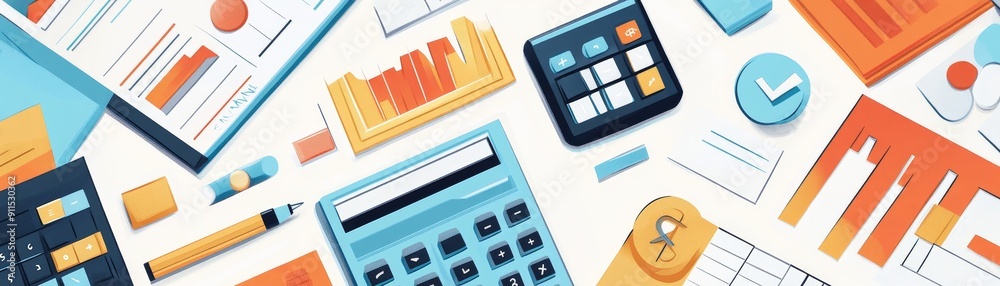 Poster a detailed and colorful illustration of different financial tools like calculators, spreadsheets, an