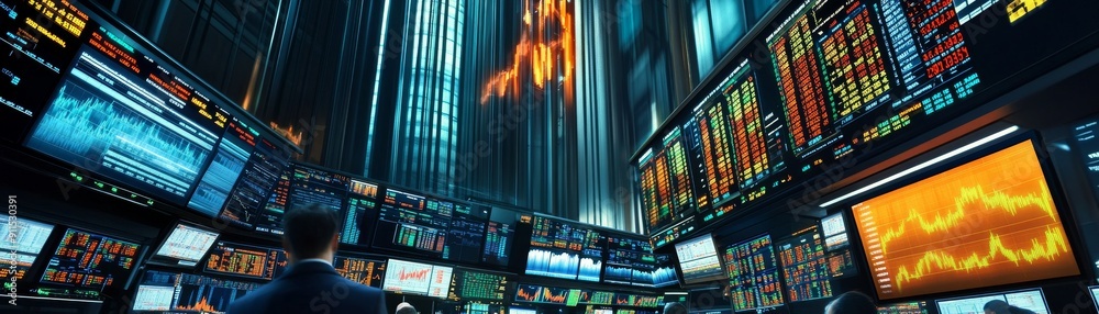 Poster a vibrant and busy image of stock trading with multiple screens, colorful charts, and traders active