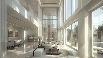 Fototapeta premium A two-story villa. In Dubai. by Hooshang Seyhoun. Modern style. This villa has large floor-to-ceiling windows. Arabic concept with geometrical line