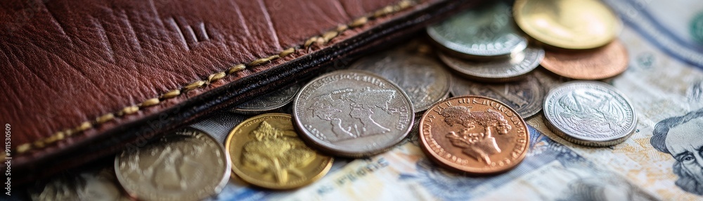 Poster an intricate close-up of different world currencies and coins spilling out of a leather wallet empha