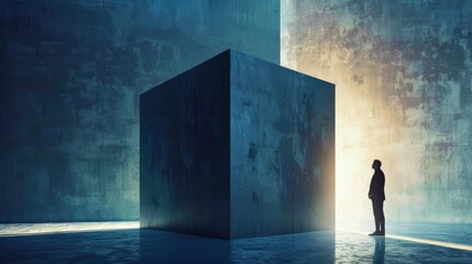 A businessman standing confidently beside a giant cube figure, symbolizing innovation and creativity in business.