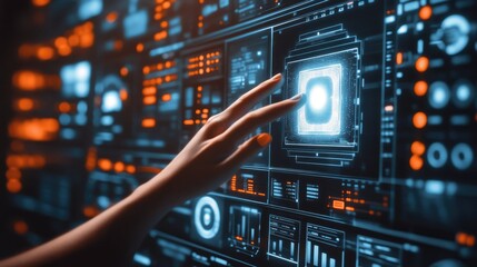 Obraz premium hand is touching hologram screen