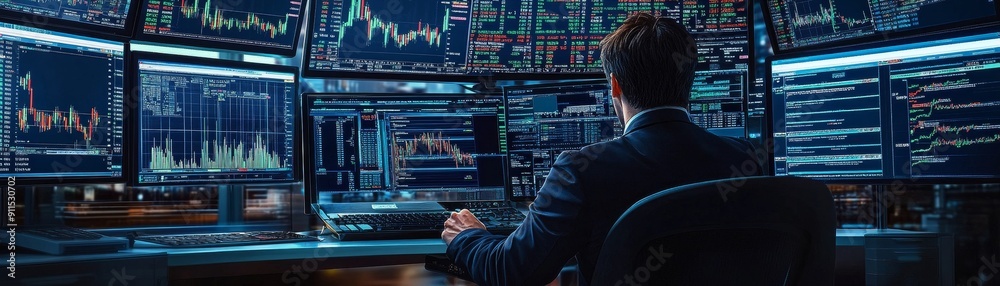 Poster A detailed and colorful scene of a stock trader working on multiple computer screens filled with stock charts, trading platforms, and financial news feeds