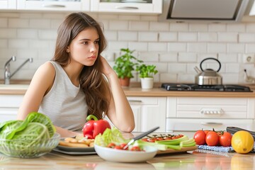 Woman in modern kitchen thinking while surrounded by fresh vegetables and healthy food on countertop.