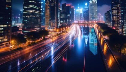 City Lights and Speed: A captivating night cityscape captures the energy of a bustling metropolis. The vibrant city lights illuminate the sleek modern architecture, while streaks of light from speedin