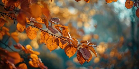 Autumn foliage on trees in layers captured with telephoto lens at shallow depth of field