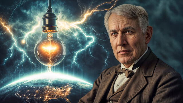 Portrait of Thomas Alva Edison, older man with white hair in vintage suit and bow tie. He exudes confidence and wisdom. Elegant 19th-century historical style.