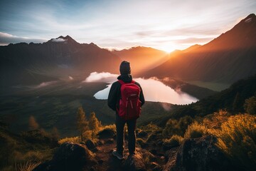 Fototapeta premium image of a mountain climber with a beautiful mountain background and clouds with generative ai