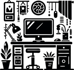 Silhouette of a Computer Desk with Solid White Background for Clean Modern Designs