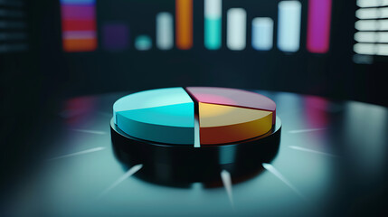 Fototapeta premium Blue and yellow pie chart on a black surface, representing data analysis and business strategy, conveying professionalism and success. 