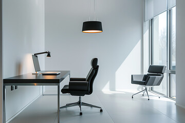 Minimalist black office chair and desk, modern interior design, workspace, professional and sleek. 
