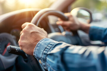 Close-up of a hand on a steering wheel, blue denim and black leather, a sense of adventure and freedom, perfect for travel and road trip concepts. 

