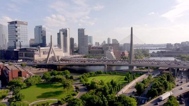 Flying over the Zakim Bridge Boston. Aerial drone b roll clip 2024