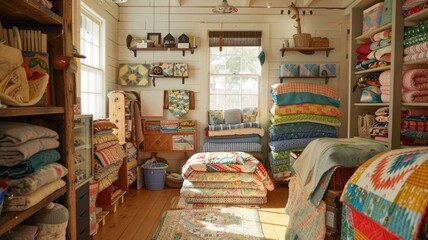 Cozy quilting studio filled with colorful fabric, handmade quilts, and crafting supplies,