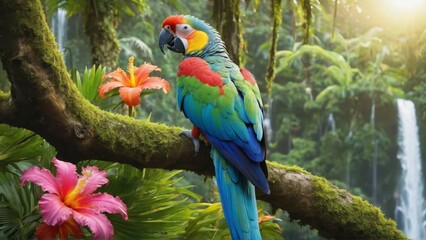 A vibrant parrot perched on a branch in a lush tropical rainforest, surrounded by colorful flowers, with a cascading waterfall in the background under the warm glow of sunlight.