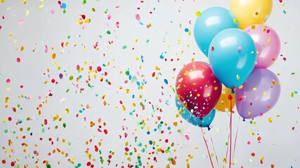 Colorful balloons and falling confetti over white festive background with copy space, fun of birthday party celebration - Powered by Adobe