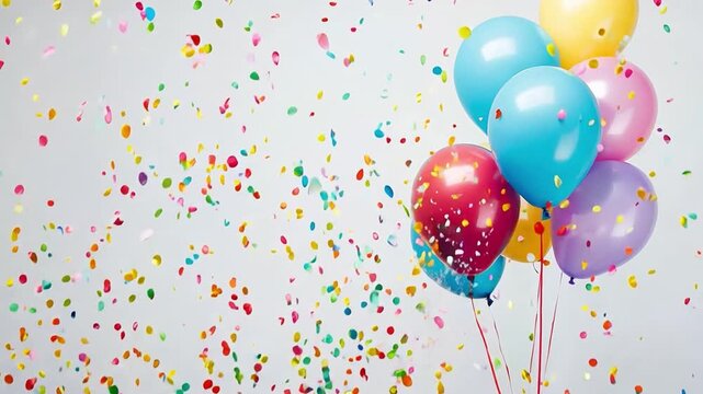 Colorful balloons and falling confetti over white festive background with copy space, fun of birthday party celebration - Powered by Adobe