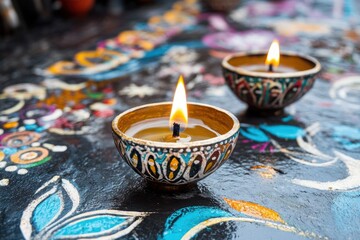 Traditional clay lamps on colorful patterned background