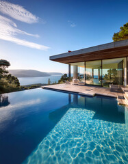 Fototapeta premium Luxurious cliffside villa with infinity pool overlooking a serene ocean