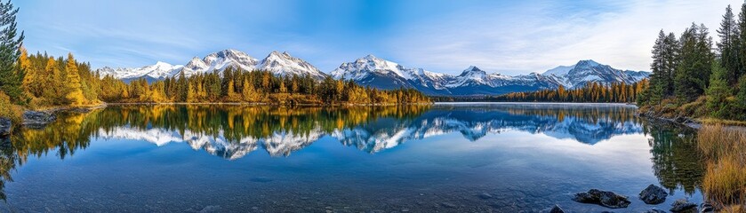 A serene lakeside scene with crystal-clear waters reflecting the surrounding snow-capped mountains and a tranquil forest in the early morning light of a crisp sunrise