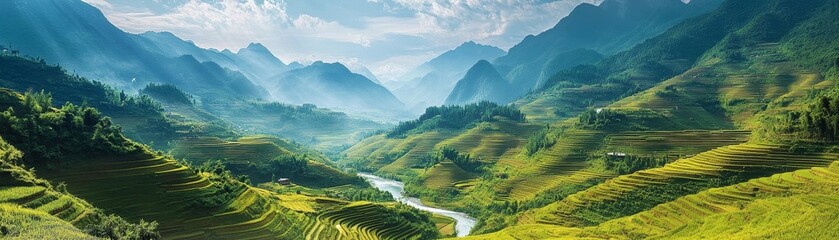 Obraz premium A stunning valley view with terraced fields stretching out in the foreground, surrounded by towering mountains and a serene river winding through the lush landscape