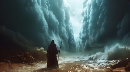 Obraz premium Moses with his staff extended, parting the Red Sea, creating towering walls of water and a dry path for the Israelites, dramatic lighting, high detail, vibrant colors, realistic textures,