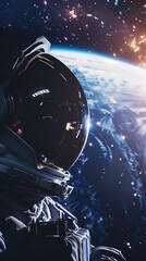 Dark astronaut helmet and blue Earth, a dramatic space exploration concept. 
