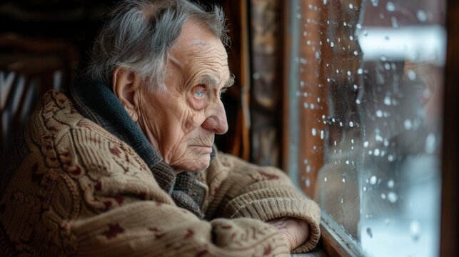 Sad elderly man gazing out of a window with a melancholic look and hunched posture - Powered by Adobe