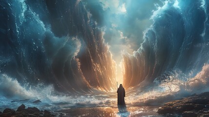 A breathtaking scene of Moses standing resolute, parting the Red Sea with his staff, the water splitting dramatically, intense lighting, towering water walls, intricate details, vibrant colors,