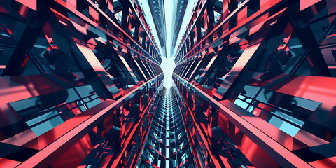 Red and blue futuristic skyscrapers create a sense of awe and wonder, perfect for a modern architecture or technology concept. 
