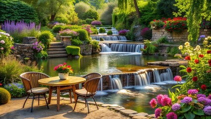 Fototapeta premium A Tapestry of Blooms and Water's Grace: A Miniature Food Garden by the River's Edge AI generated