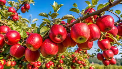 Obraz premium Apple trees in the garden with ripe red apples ready for harvest. 