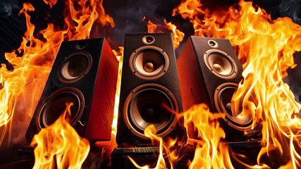 Loudspeakers in fire on dark background, concept of music and creativity, hot hits