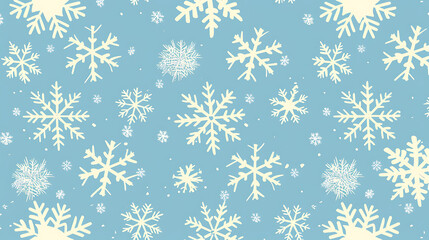 White snowflakes on a blue background, a wintery pattern for festive design. 
