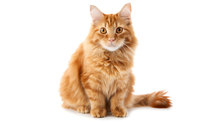 Orange fluffy cat with yellow eyes, sitting on a white background, cute pet portrait for pet lovers, animal lovers, and websites. 
