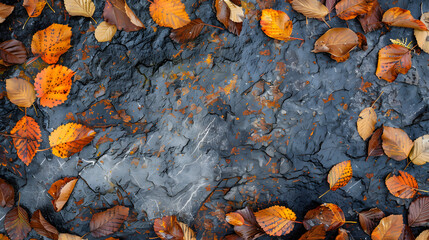 Autumn background with leaves on textured stone wall. top view. Autumn banner template with space for text. View from above 