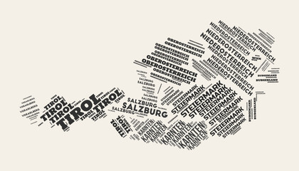 Austria Word Cloud. Country with regions division. Austria typographic text clouds vector image design. Vintage gazette style country shape image. Stylish vector illustration.
