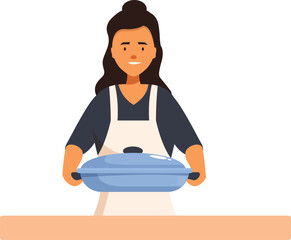 Young woman chef is smiling while holding a covered pot in a kitchen setting