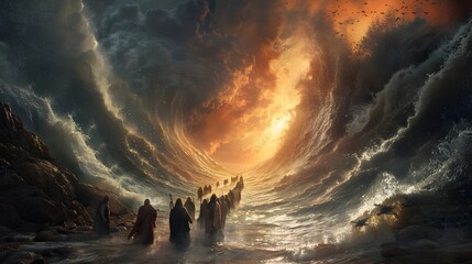 An epic depiction of Moses' staff parting the Red Sea, with jubilant Israelites beginning their journey, intense atmosphere, intricate details, rich colors, realistic textures,