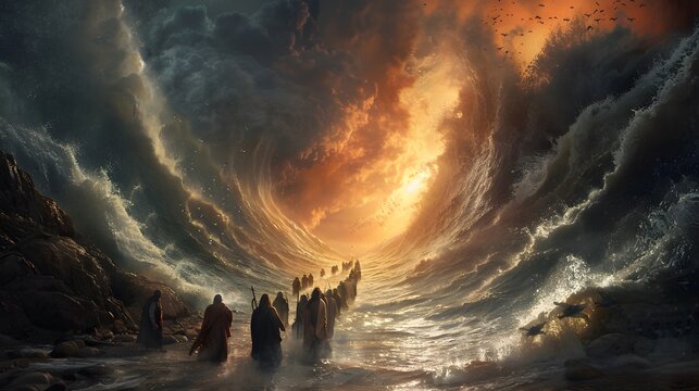 An epic depiction of Moses' staff parting the Red Sea, with jubilant Israelites beginning their journey, intense atmosphere, intricate details, rich colors, realistic textures,