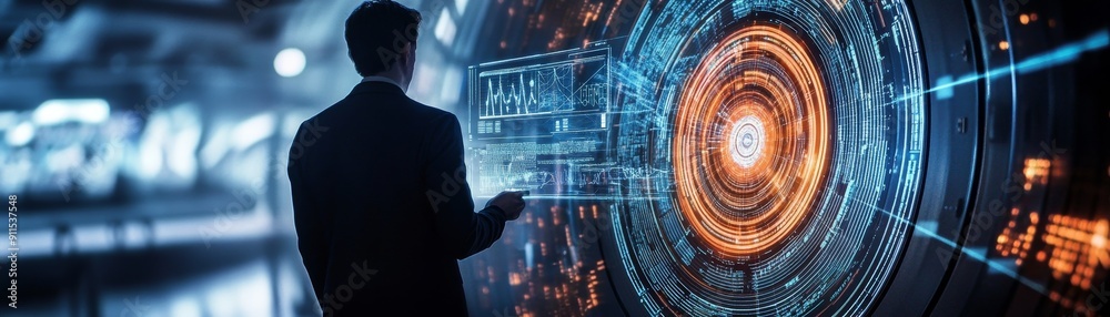 Aufkleber A dynamic scene of a physicist analyzing data from a large particle accelerator, with graphs and formulas projected on screens and advanced technology used to understand fundamental forces