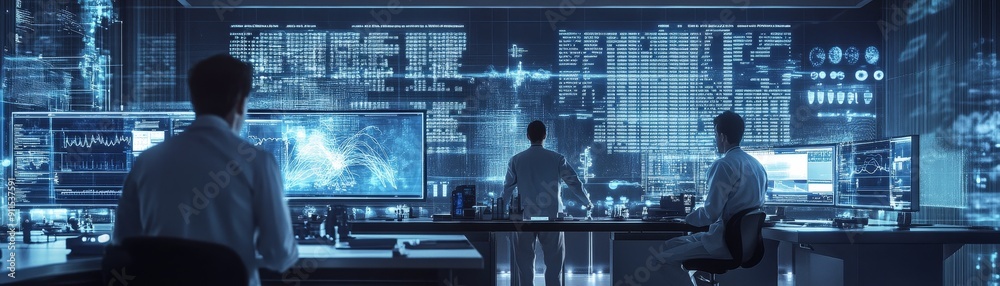 Aufkleber A futuristic laboratory with scientists using cutting-edge technology to analyze and interpret complex data sets, with digital displays showing advanced scientific formulas and observations