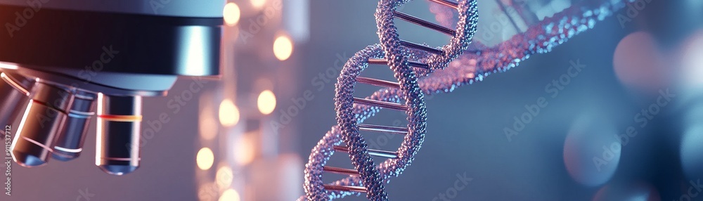 Poster A close-up view of a DNA double helix model being analyzed under a microscope in a modern laboratory, showcasing the intricate details of genetics and the importance of precision in research