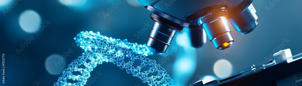 Aufkleber A close-up view of a DNA double helix model being analyzed under a microscope in a modern laboratory, showcasing the intricate details of genetics and the importance of precision in research