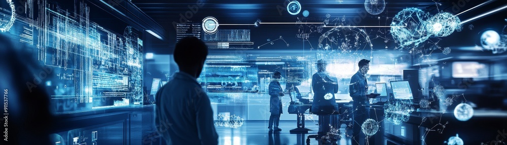 Aufkleber A futuristic science lab with holographic displays showing complex formulas and data, scientists interacting with advanced technology, and a focus on innovation and cutting-edge research