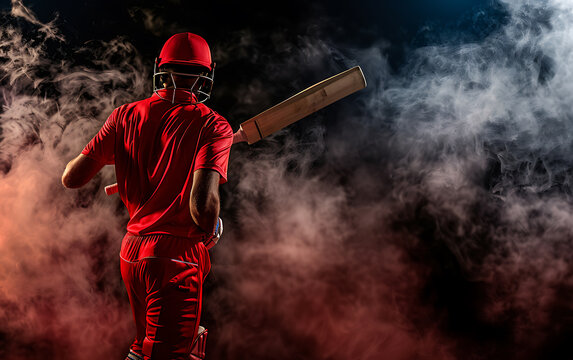A lone cricket player in red stands against a dramatic red sky,  evoking anticipation and the thrill of the game. background , wallpaper 