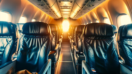 Luxury brown leather seats in a private jet, blue accents, white interior,  evoking a feeling of comfort and exclusivity for a business travel concept. background , wallpaper 