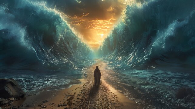 An epic scene of Moses with determination, parting the Red Sea, the water forming walls on either side of the dry path, dramatic display of divine power, intense lighting, intricate details,