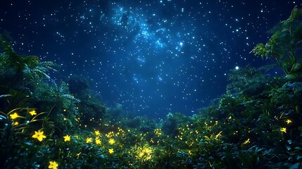 Night Sky Over Lush Forest with Glowing Flowers